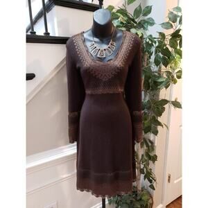 Stoff Womens Brown Solid Wool Scoop Neck Long Sleeve Casual Knee Length Dress S